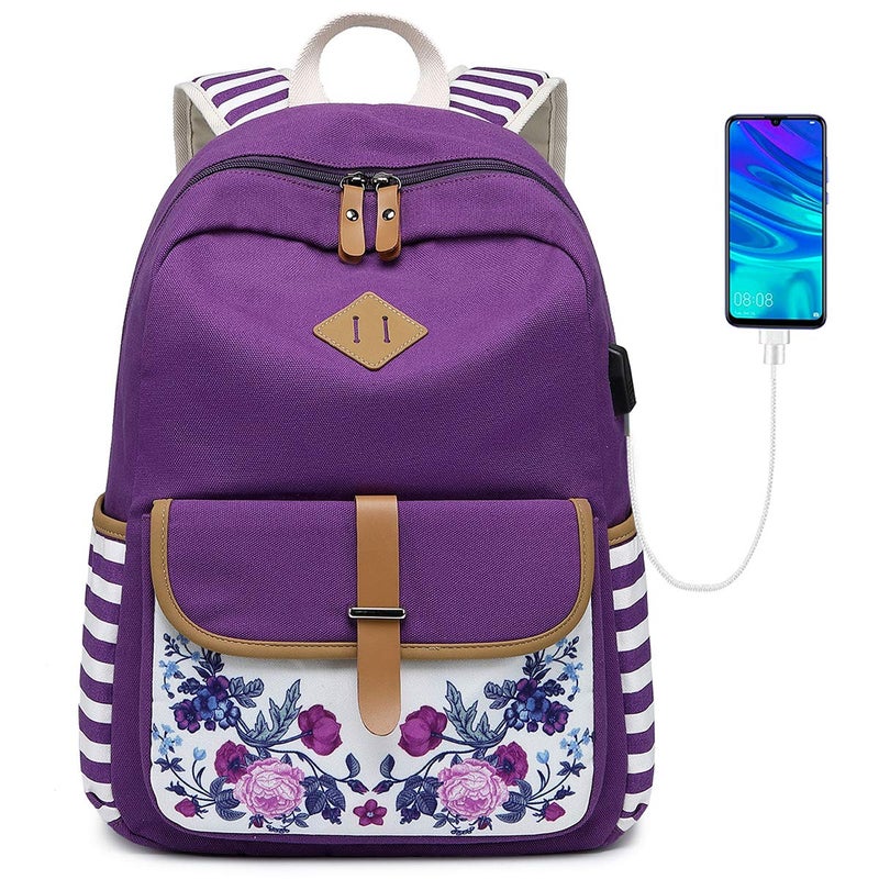 goldwheat Girls Backpack Canvas Schoolbag Bookbag Laptop Bag Rucksack with USB Charging Port - Image 1